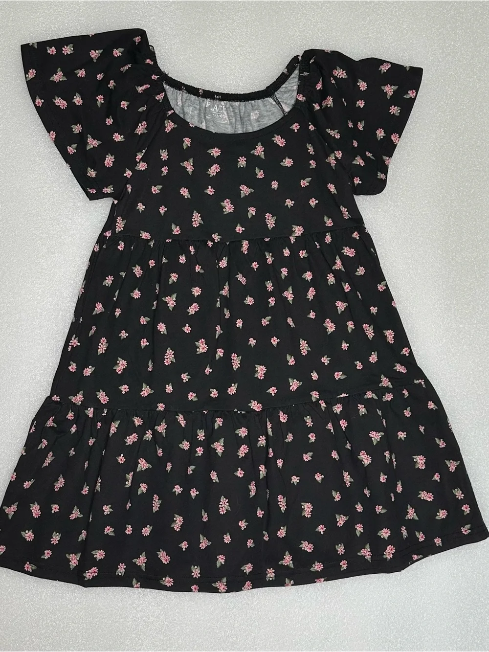 Children’s Place Girls Black Dress with Pink Floral Print - Tiered Style Sz 7/8